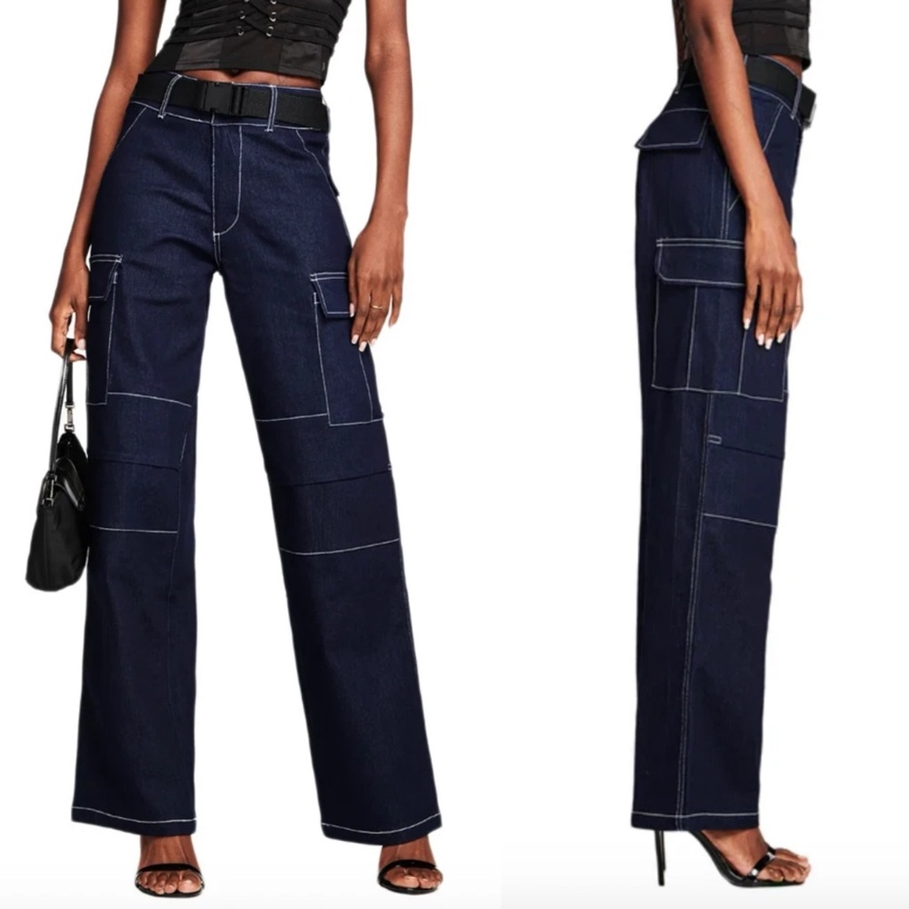 I.AM.GIA Revolve Dark Indigo Wide-Leg Cargo Jeans Contrast Stitching Size Small